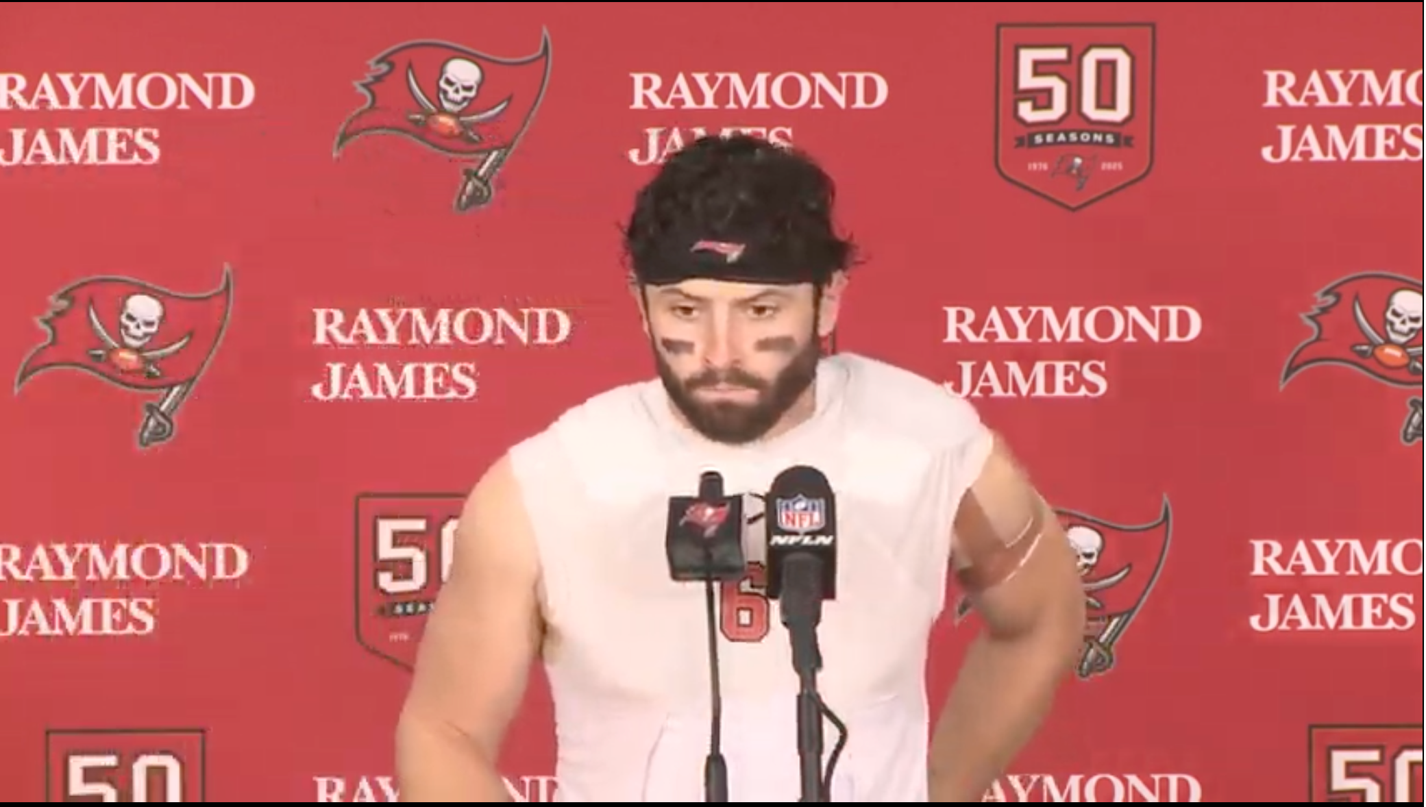 Baker Mayfield talks with Bucs reporters after the Week 14 loss to the Saints.
